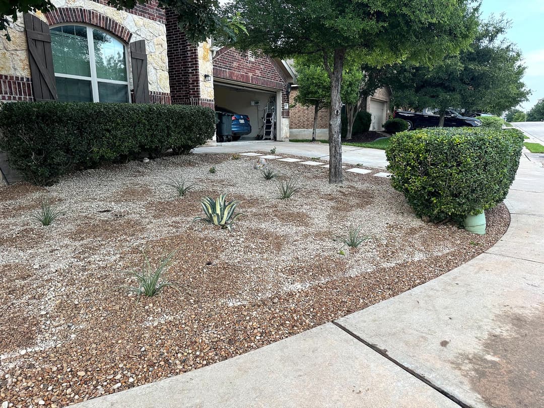 Landscaped front yard featuring gravel, shrubs, and small plants near a driveway and garage.